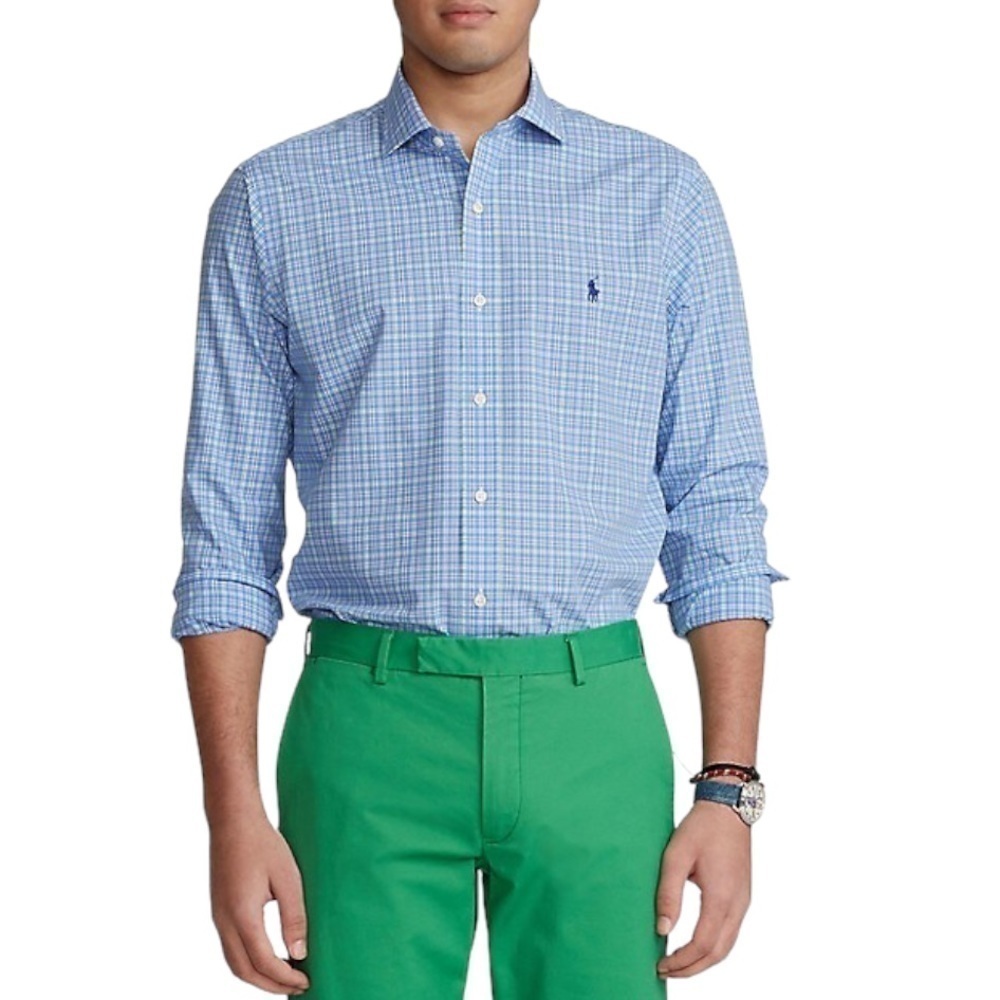 RALPH Lauren Slim Fit Blue Micro-Plaid Shirt Size L